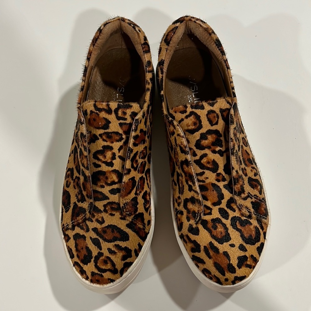 J/Slides - 7.5 platform cowhide slip on tennis shoes, animal print